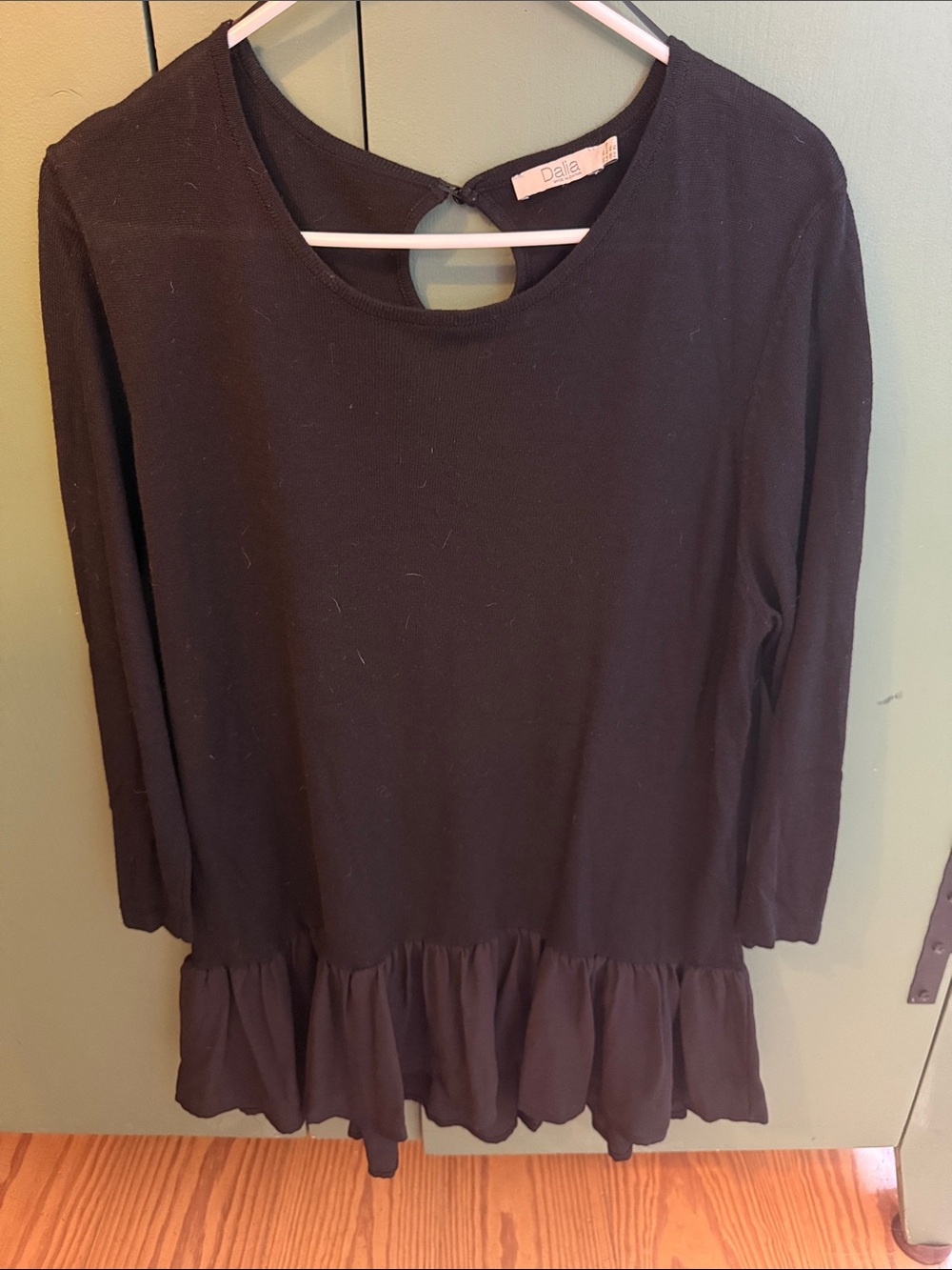 Dalia Black Ruffle-Hem Long Sleeve Top